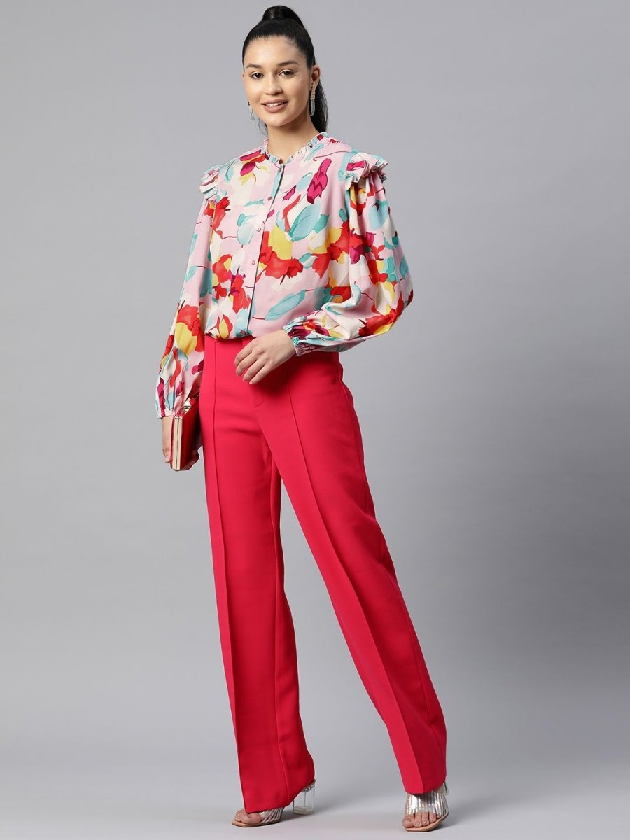 Blue Floral Print Casual Buttoned Top