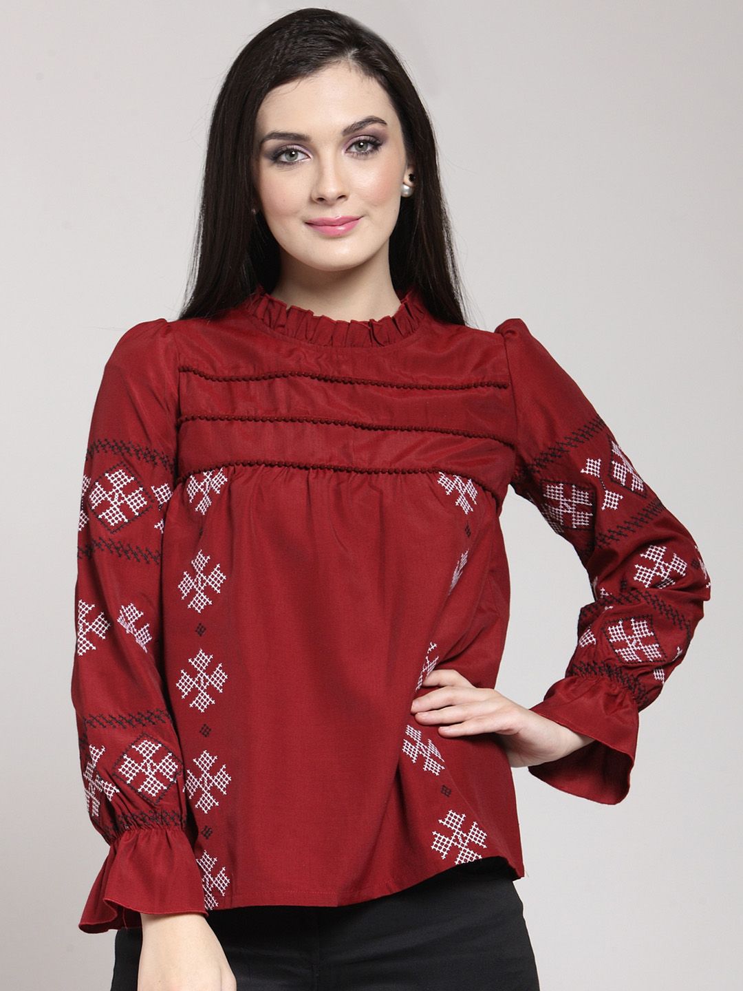 CINK Maroon Geometric Embroidered Boxy Top