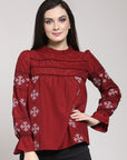 CINK Maroon Geometric Embroidered Boxy Top