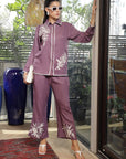 Shirt Collar Embroidered Cotton Shirt With Trousers Co-Ords Set pink