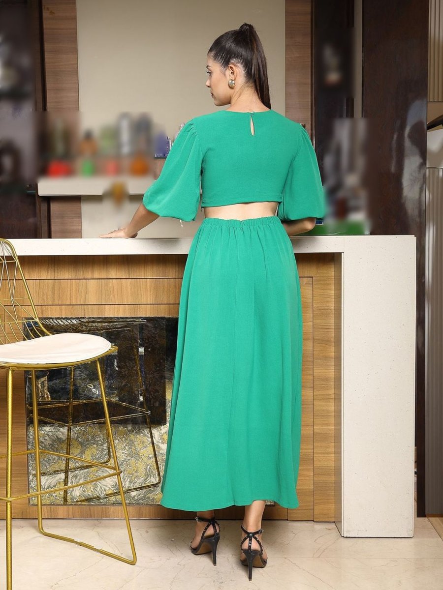 Women Self Design Flared Sleeve Cut-Outs Fit &amp; Flare Midi Dress green