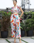 Printed V-Neck Top With Trousers Co-Ord Set pink
