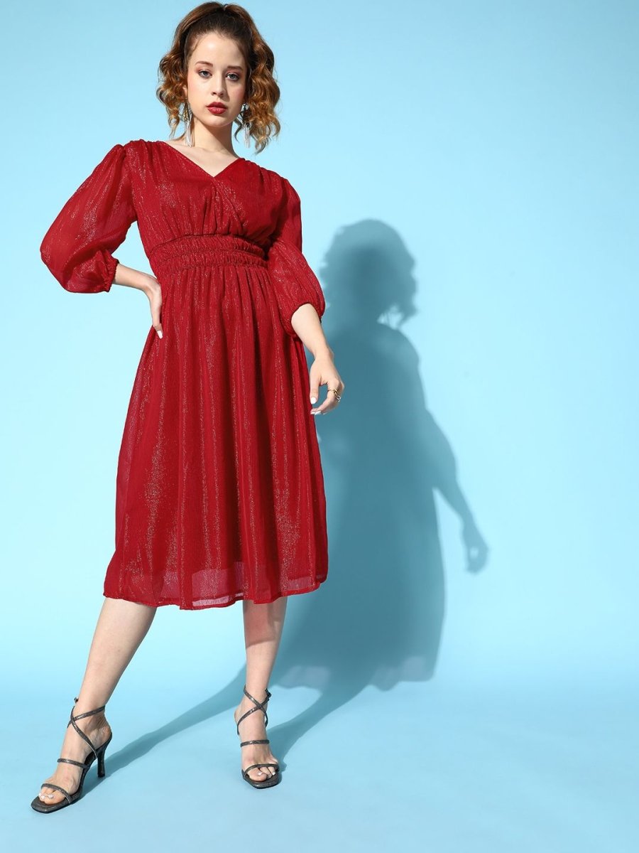 CINK Attractive Red Solid Pleated Form Dress