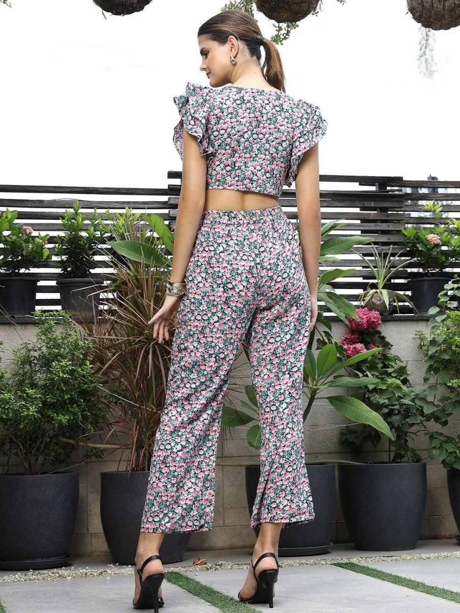 Printed V-Neck Top With Trousers Co-Ord Set multi