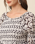 White  Black Monochrome Geometric Printed Puff Sleeves Smocked A-Line Dress