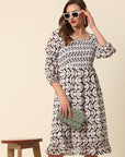 White  Black Monochrome Geometric Printed Puff Sleeves Smocked A-Line Dress