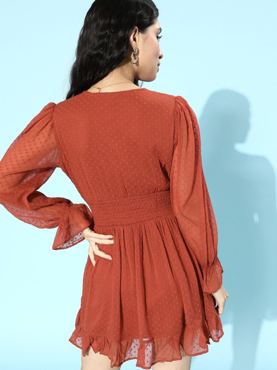 CINK Women Chic Rust Solid Cinched Waist Dress