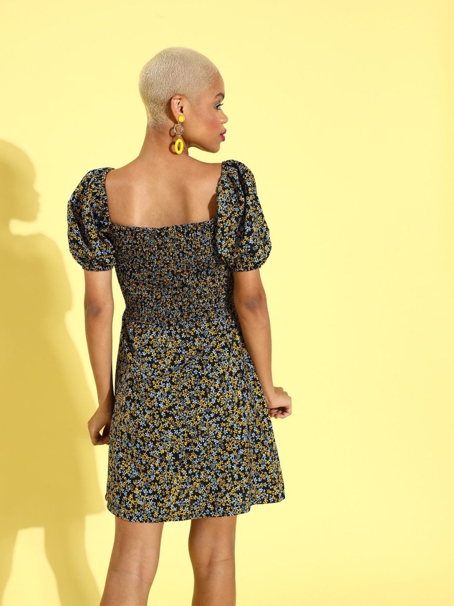 CINK Women Stylish Black Floral Mini Dress