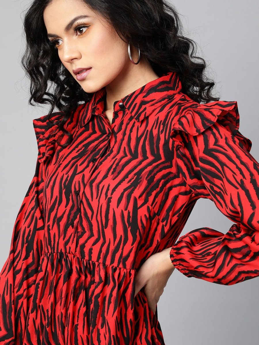 CINK Fiery Red and Black Animal Printed A-Line Dress