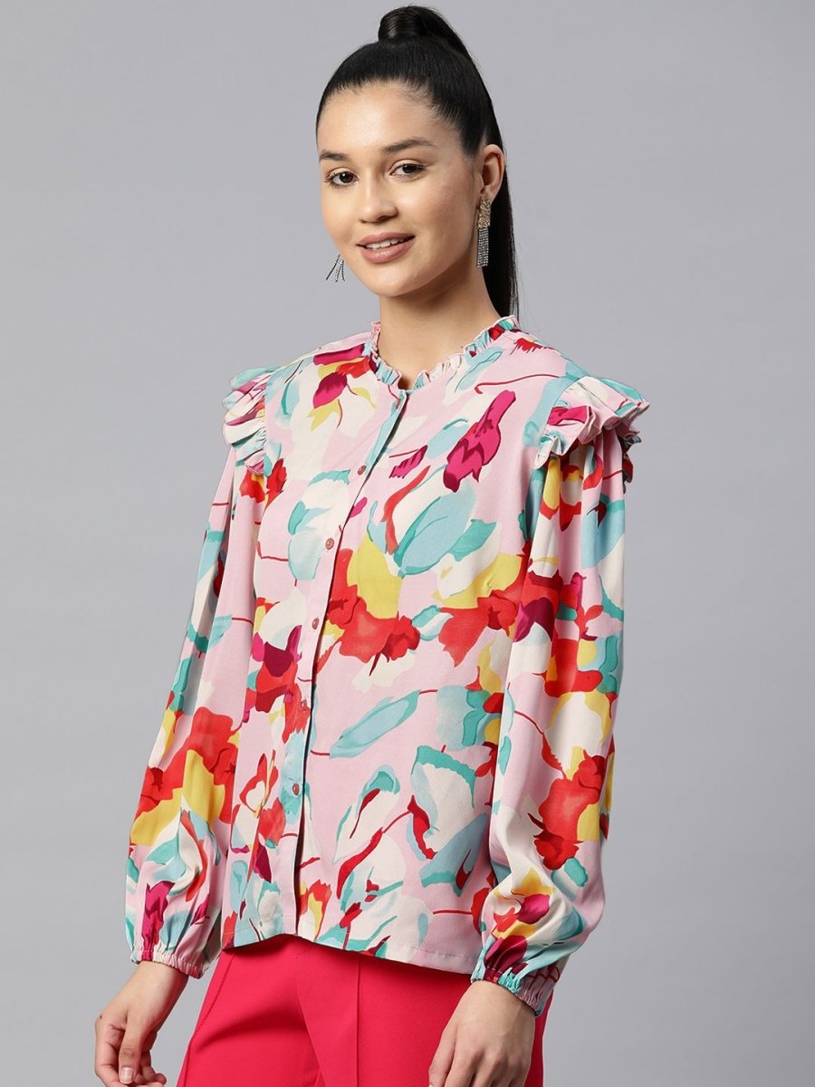 Blue Floral Print Casual Buttoned Top