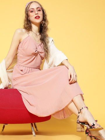 CINK Peach Solid Pleated Dress