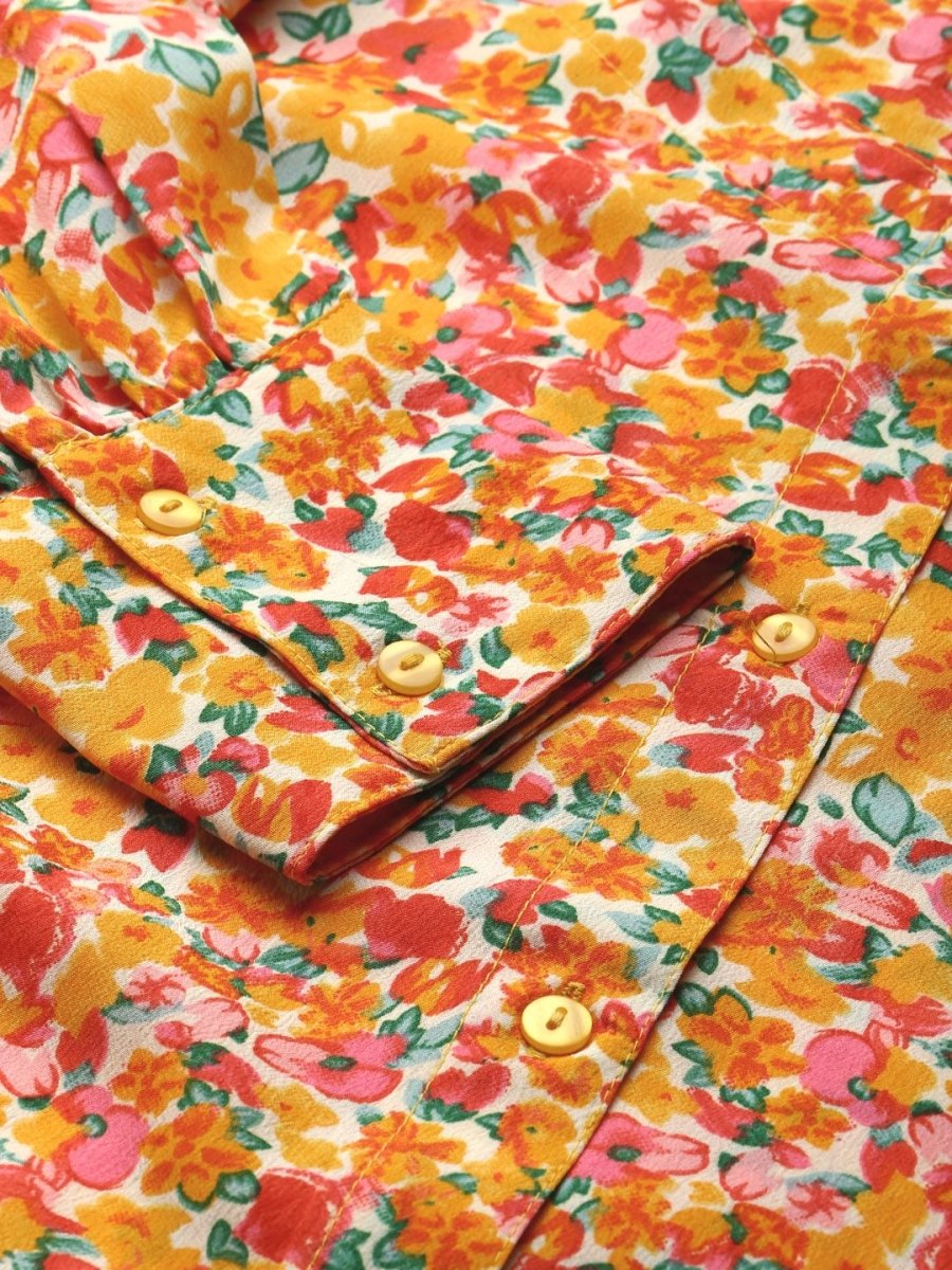 Orange Floral Printed Casual Buttoned Top