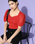 CINK Red Sweetheart Neck Smocked Fitted Crop Top