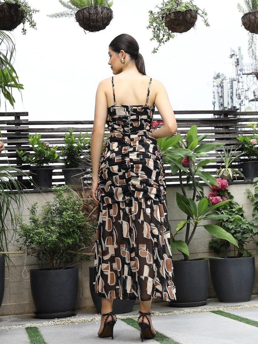 Printed Shoulder Strap Neck Top With Skirt Co-Ord Set charcoal