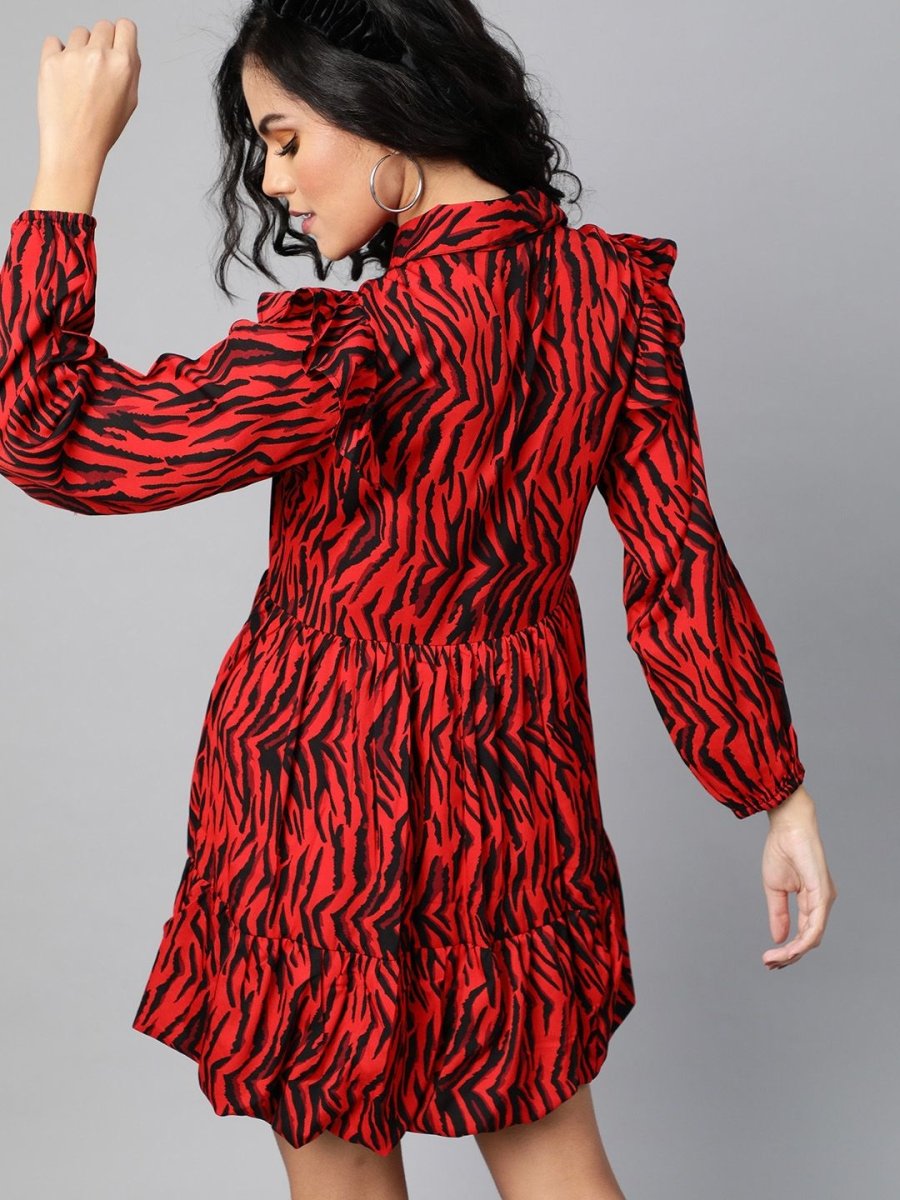 CINK Fiery Red and Black Animal Printed A-Line Dress