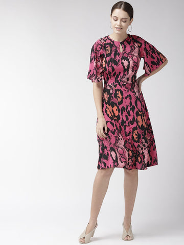CINK Pink  Black Animal Keyhole Neck A-Line Dress