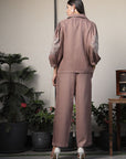 Shirt Collar Embroidered Cotton Shirt With Trousers Co-Ords Set brown