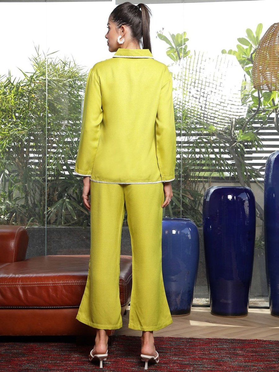 Shirt Collar Embroidered Cotton Shirt With Trousers Co-Ords Set lime-green