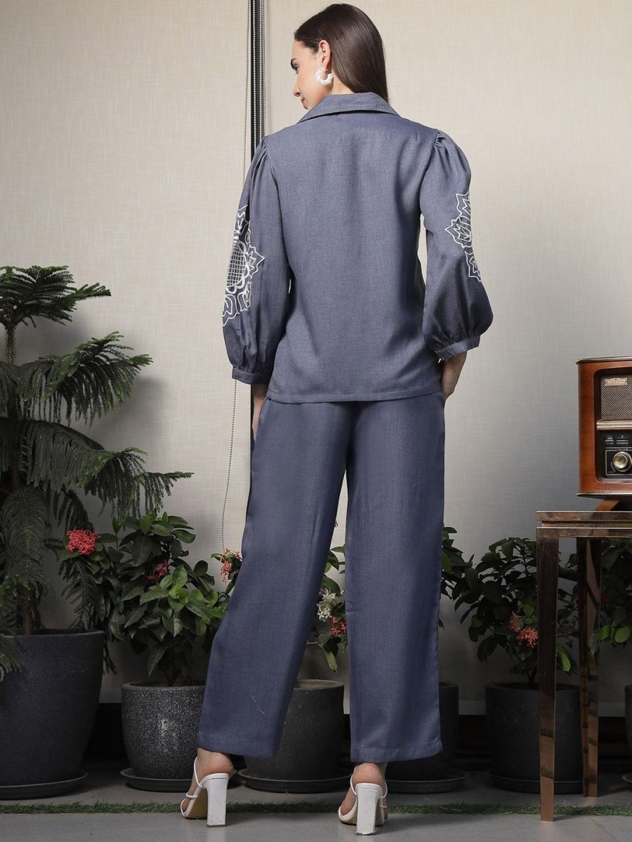 Shirt Collar Embroidered Cotton Shirt With Trousers Co-Ords Set blue