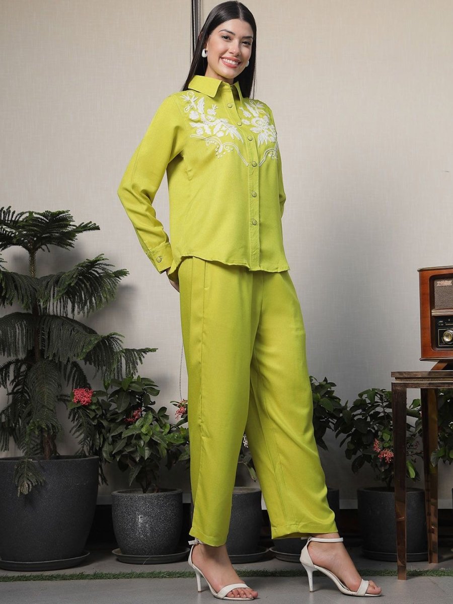 Shirt Collar Embroidered Cotton Shirt With Trousers Co-Ords Set lime-green