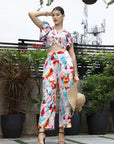 Printed V-Neck Top With Trousers Co-Ord Set pink