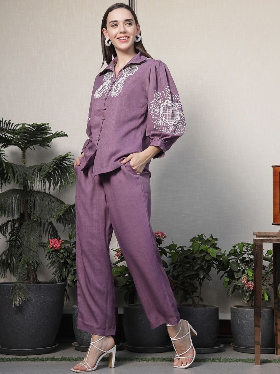 Shirt Collar Embroidered Cotton Shirt With Trousers Co-Ords Set pink