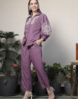 Shirt Collar Embroidered Cotton Shirt With Trousers Co-Ords Set pink