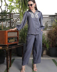 Shirt Collar Embroidered Cotton Shirt With Trousers Co-Ords Set blue