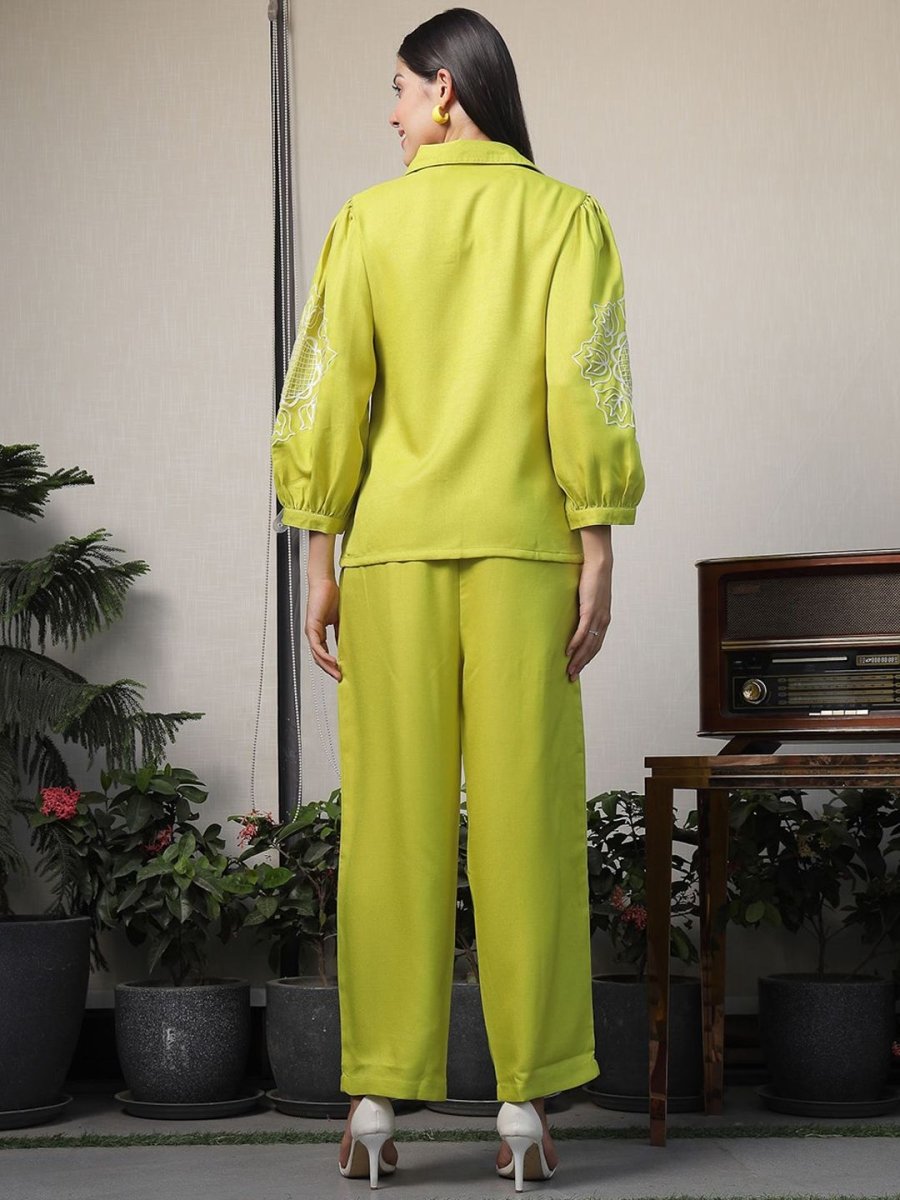 Shirt Collar Embroidered Cotton Shirt With Trousers Co-Ords Set lime-green