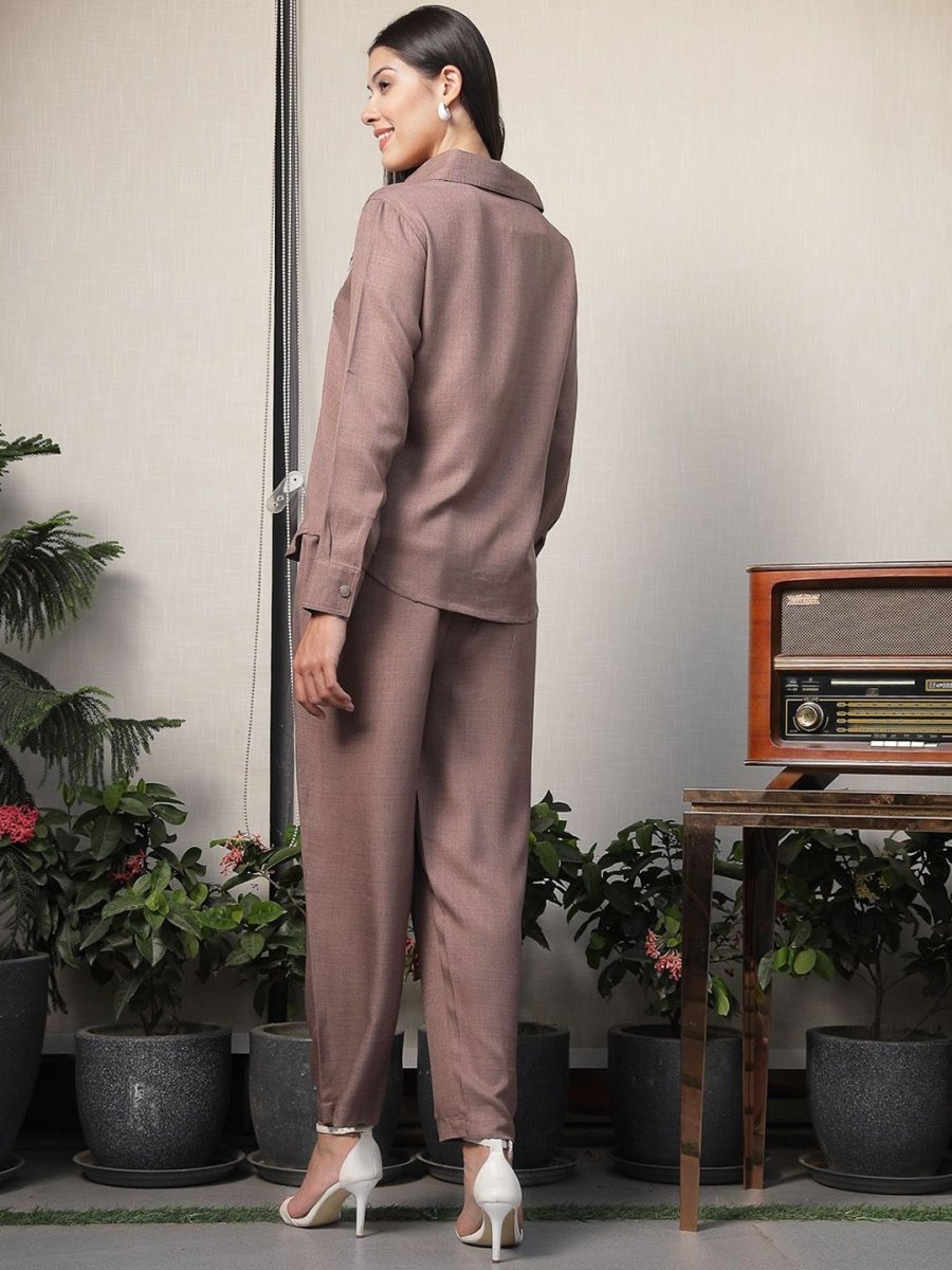 Shirt Collar Embroidered Cotton Shirt With Trousers Co-Ords Set brown