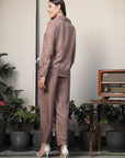 Shirt Collar Embroidered Cotton Shirt With Trousers Co-Ords Set brown