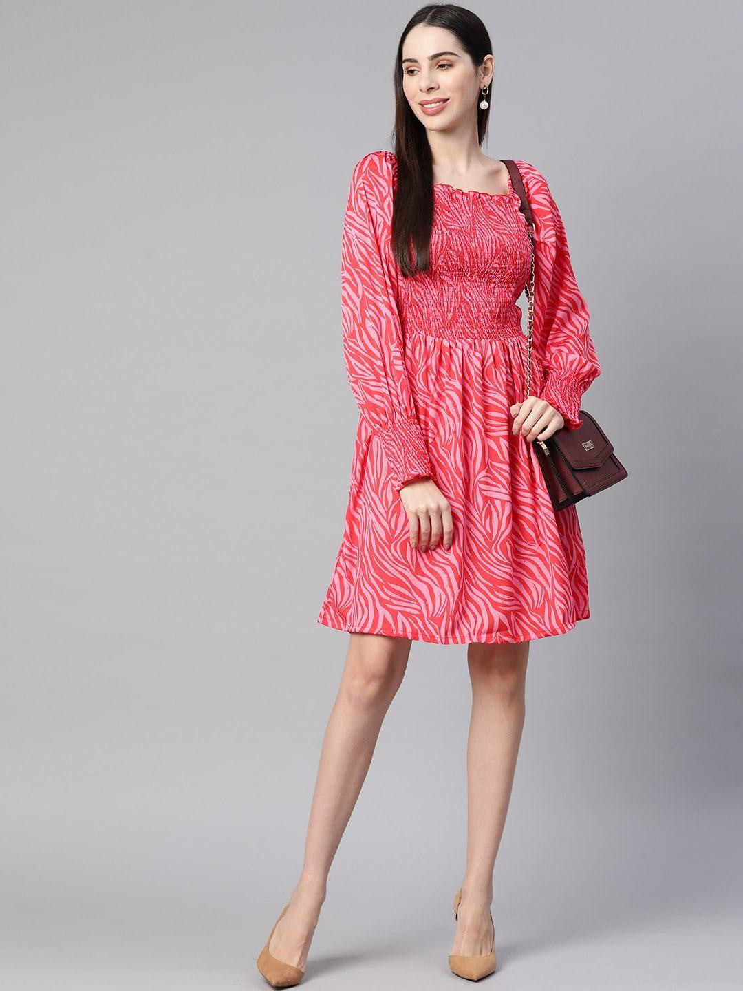 Pink Smocked Printed Fit  Flare Dress