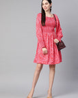 Pink Smocked Printed Fit  Flare Dress