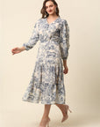 Beige Conversational Printed Puff Sleeve Tiered Fit  Flare Midi Dress