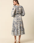 Beige Conversational Printed Puff Sleeve Tiered Fit  Flare Midi Dress