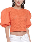 Orange Schiffli Puff Sleeves Pure Cotton Laced Regular Top