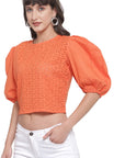 Orange Schiffli Puff Sleeves Pure Cotton Laced Regular Top