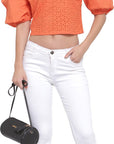 Orange Schiffli Puff Sleeves Pure Cotton Laced Regular Top
