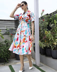 Floral Printed Shirt Collar Short Sleeves Shirt Dress Pink