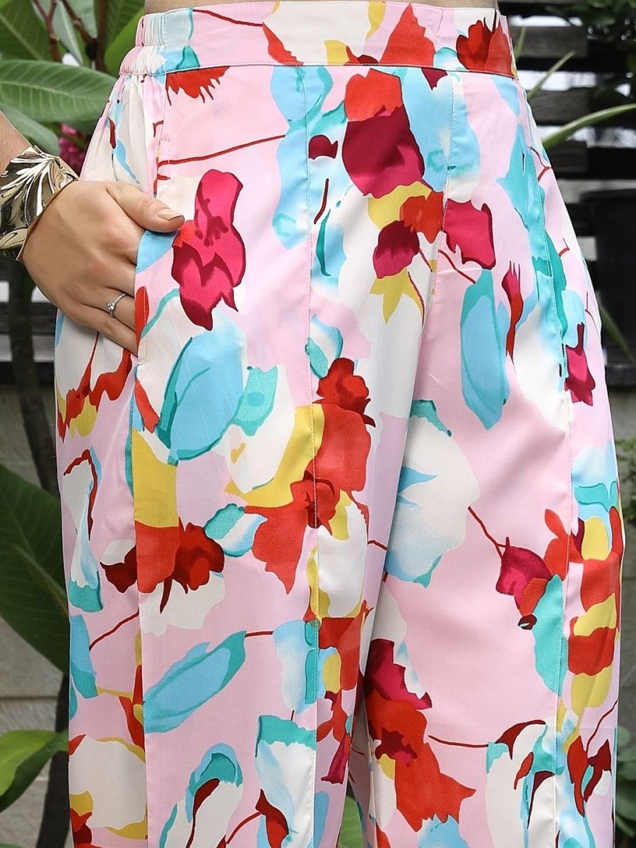 Printed V-Neck Top With Trousers Co-Ord Set pink