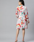 Pink  Blue Floral Print Knee Length Shirt Dress