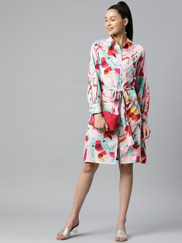 Pink  Blue Floral Print Knee Length Shirt Dress