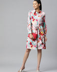 Pink  Blue Floral Print Knee Length Shirt Dress