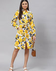Yellow  White Floral Print Shirt Dress with Belt