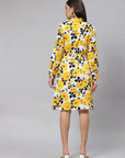 Yellow  White Floral Print Shirt Dress with Belt