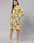 Yellow  White Floral Print Shirt Dress with Belt