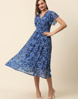 Blue Abstract Printed Flutter Sleeves A-Line Midi Dress