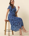 Blue Abstract Printed Flutter Sleeves A-Line Midi Dress