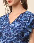 Blue Abstract Printed Flutter Sleeves A-Line Midi Dress