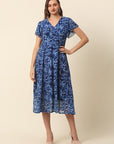 Blue Abstract Printed Flutter Sleeves A-Line Midi Dress